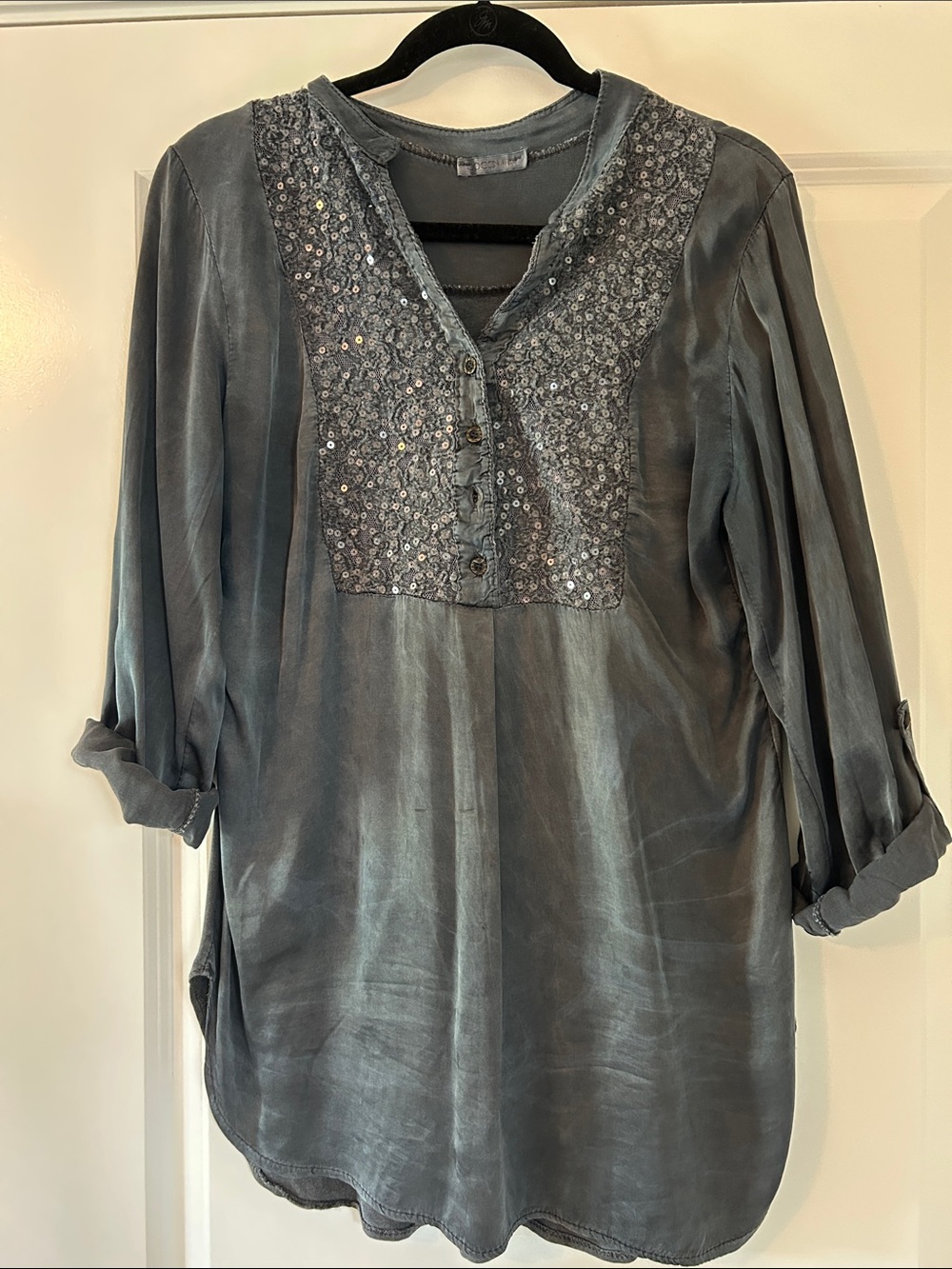 Sequin Yoke Slate Blue Tunic Top